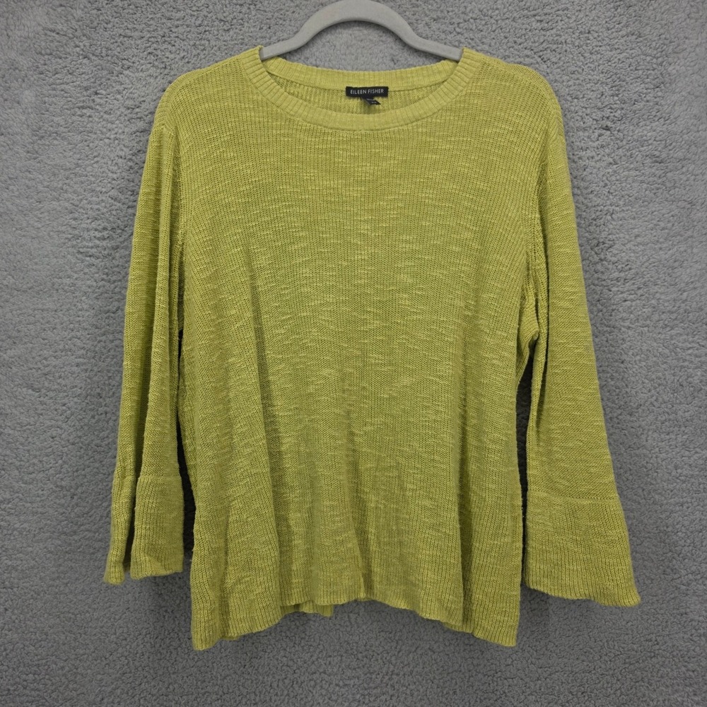 Eileen Fisher Organic‎ Linen Cotton Knit 3/4 Bell Sleeve Sweater Top Large Green
